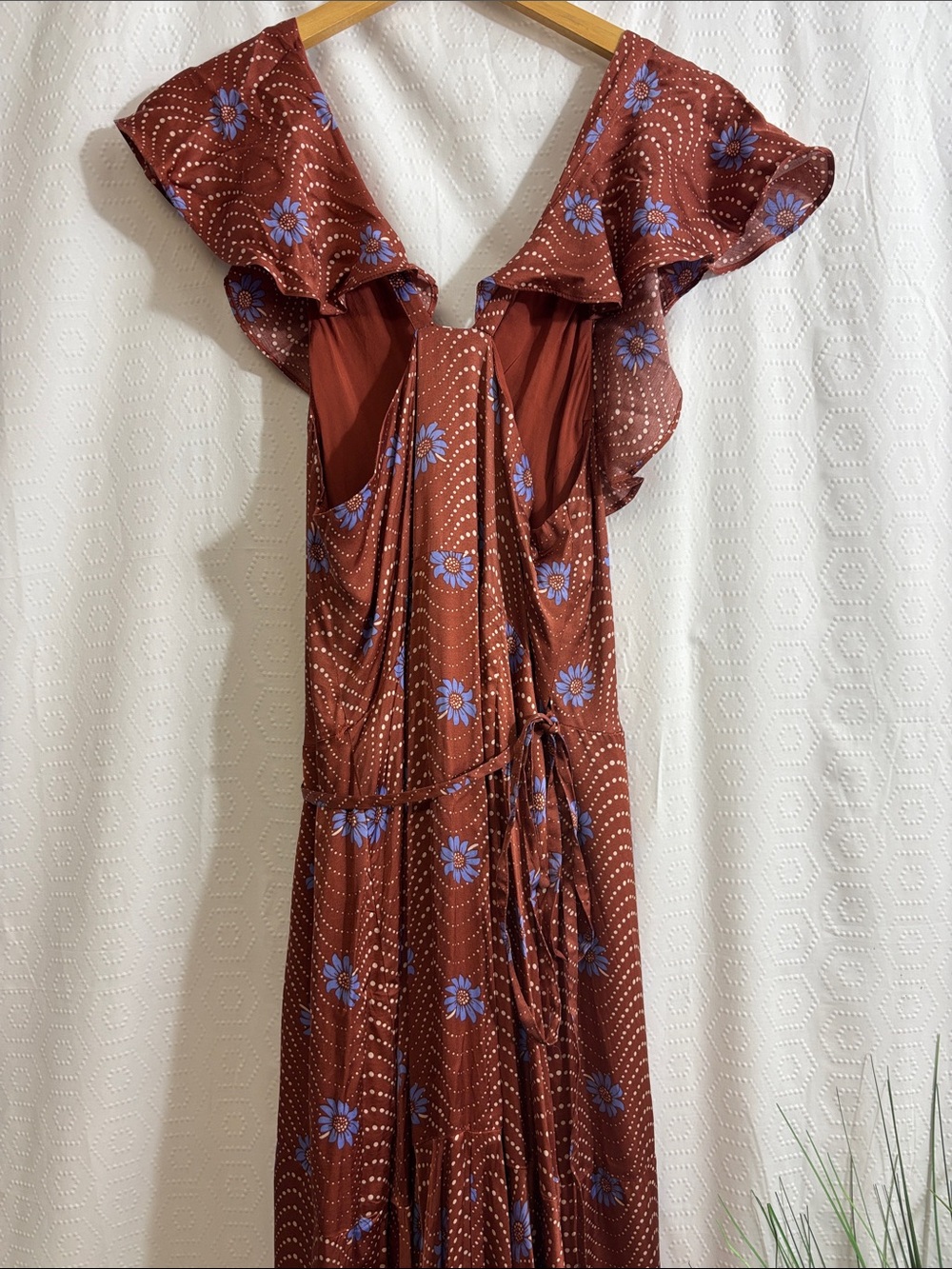 ANTHROPOLOGIE ruffle wrap midi dress brown motif - Picture 8 of 12